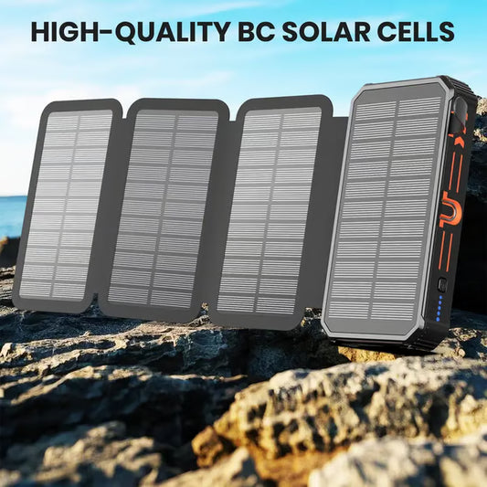 15000mAh Solar Power Bank, 4 Solar Panels, 2 USB & 1 Type C Output for 3 Device Charging, 3 Mode LED Flashlight, Rugged and Compact | Solar Charger Power Bank | Portable Solar Charger